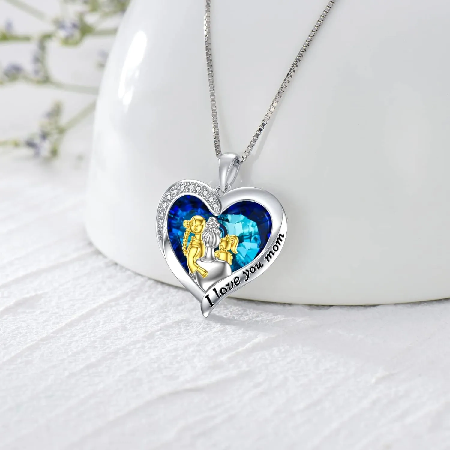 TOUPOP Mother Child Necklace Sterling Silver Sterling Silver I Love You Forever Mom Son Pendant Necklace with Blue Heart Crystal Birthday Anniversary Christmas Jewelry Gifts for Women Mom from Daughter Son