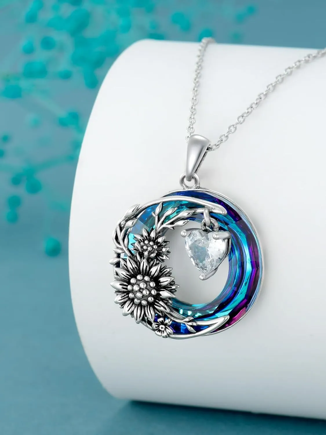 TOUPOP Mothers Day Gifts for Women s925 Sterling Silver Sunflower Leaf Pendant Necklace with Blue Circle Crystal You Are My Sunshine Jewelry Gifts for Women Mom Girls