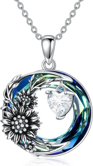 TOUPOP Mothers Day Gifts for Women s925 Sterling Silver Sunflower Leaf Pendant Necklace with Blue Circle Crystal You Are My Sunshine Jewelry Gifts for Women Mom Girls