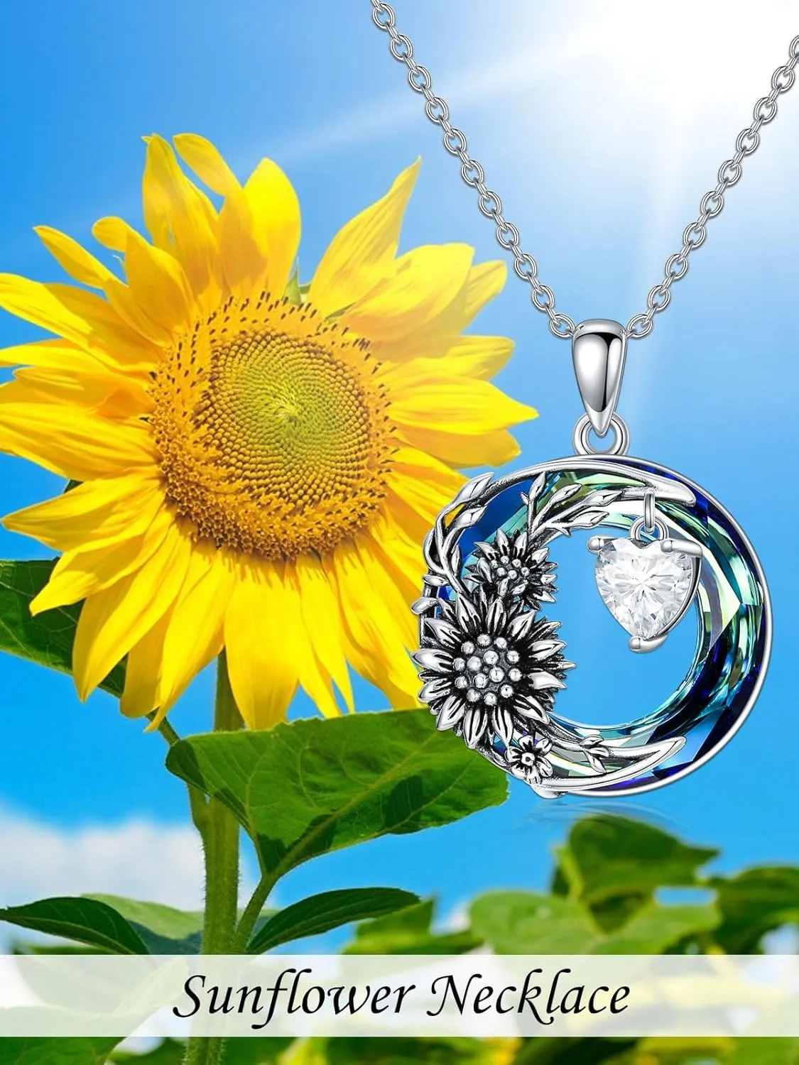 TOUPOP Mothers Day Gifts for Women s925 Sterling Silver Sunflower Leaf Pendant Necklace with Blue Circle Crystal You Are My Sunshine Jewelry Gifts for Women Mom Girls