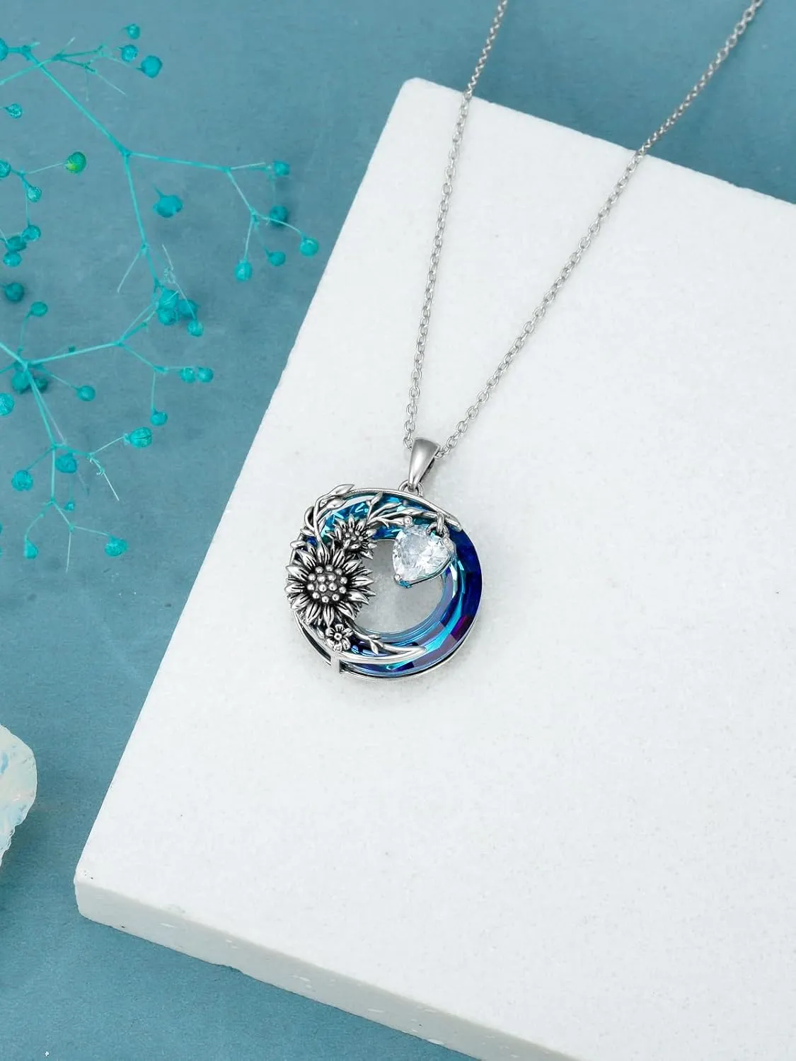 TOUPOP Mothers Day Gifts for Women s925 Sterling Silver Sunflower Leaf Pendant Necklace with Blue Circle Crystal You Are My Sunshine Jewelry Gifts for Women Mom Girls
