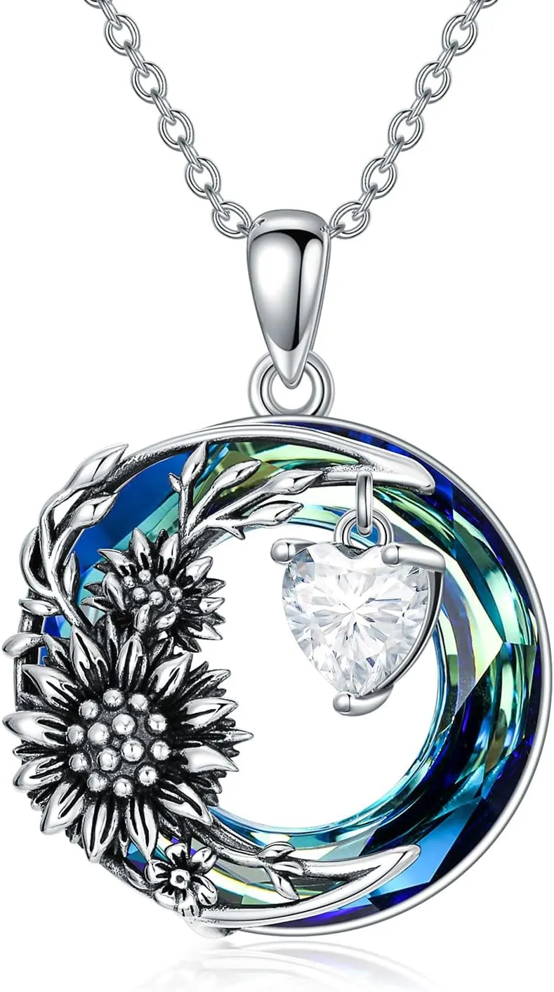 TOUPOP Mothers Day Gifts for Women s925 Sterling Silver Sunflower Leaf Pendant Necklace with Blue Circle Crystal You Are My Sunshine Jewelry Gifts for Women Mom Girls