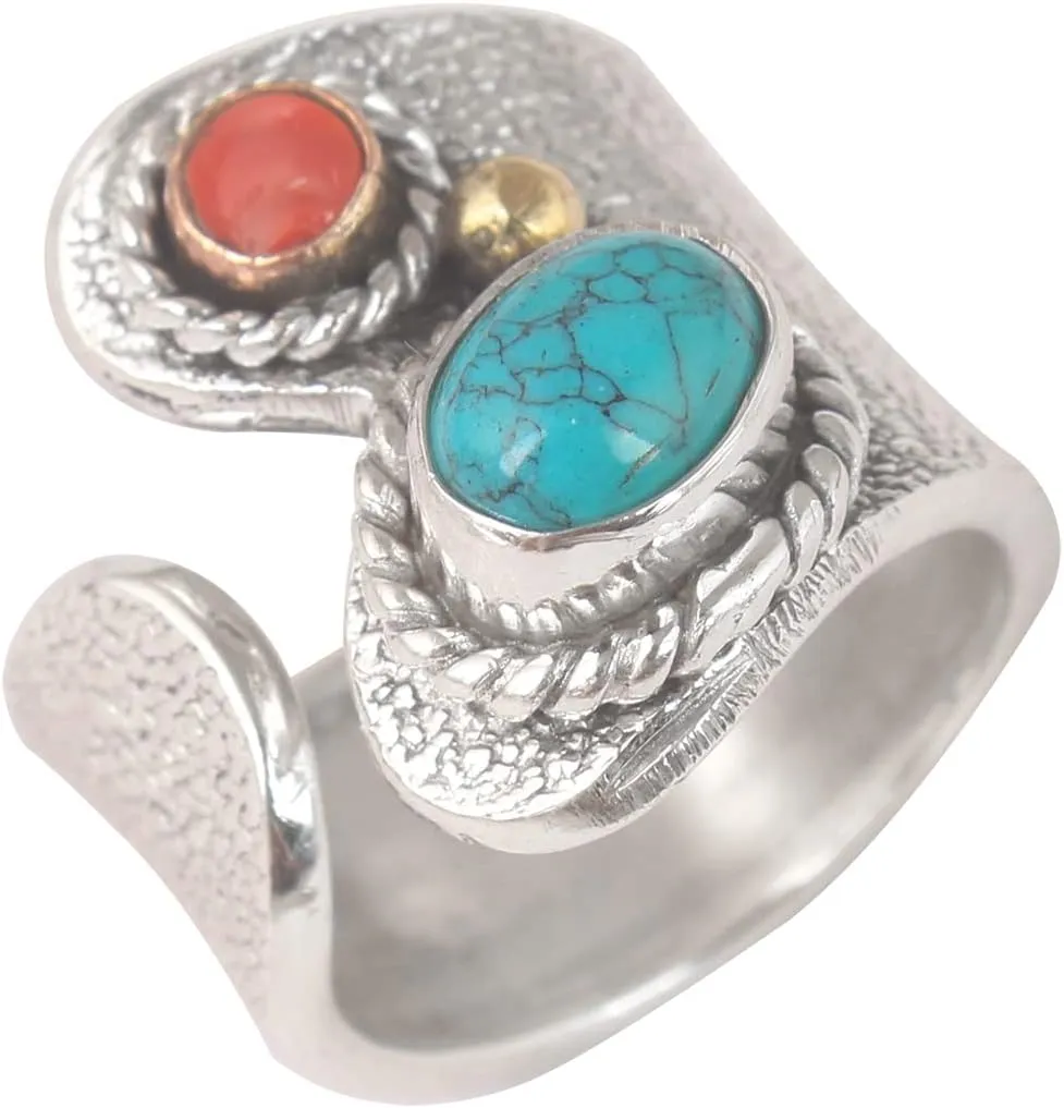 Turquoise and Coral Gemstone Ring 925 Sterling Silver Ring Personalized Boho Ring