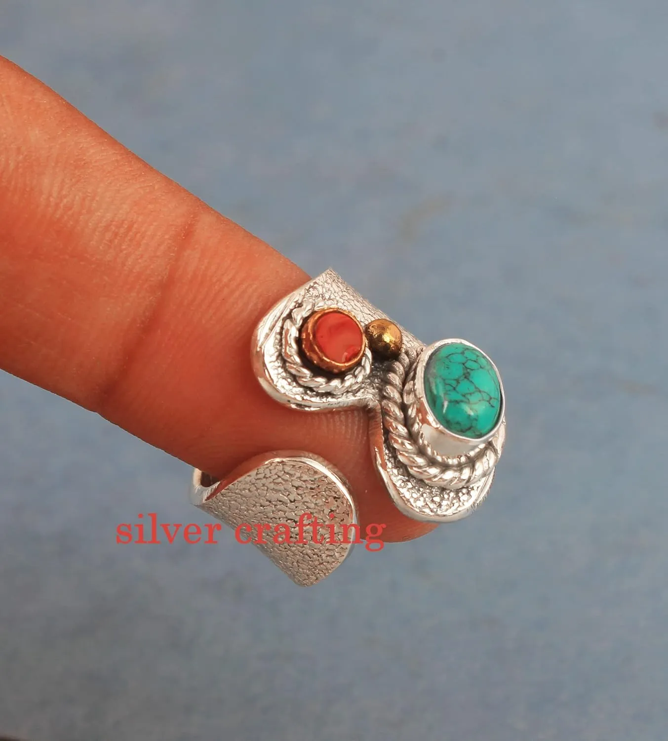 Turquoise and Coral Gemstone Ring 925 Sterling Silver Ring Personalized Boho Ring