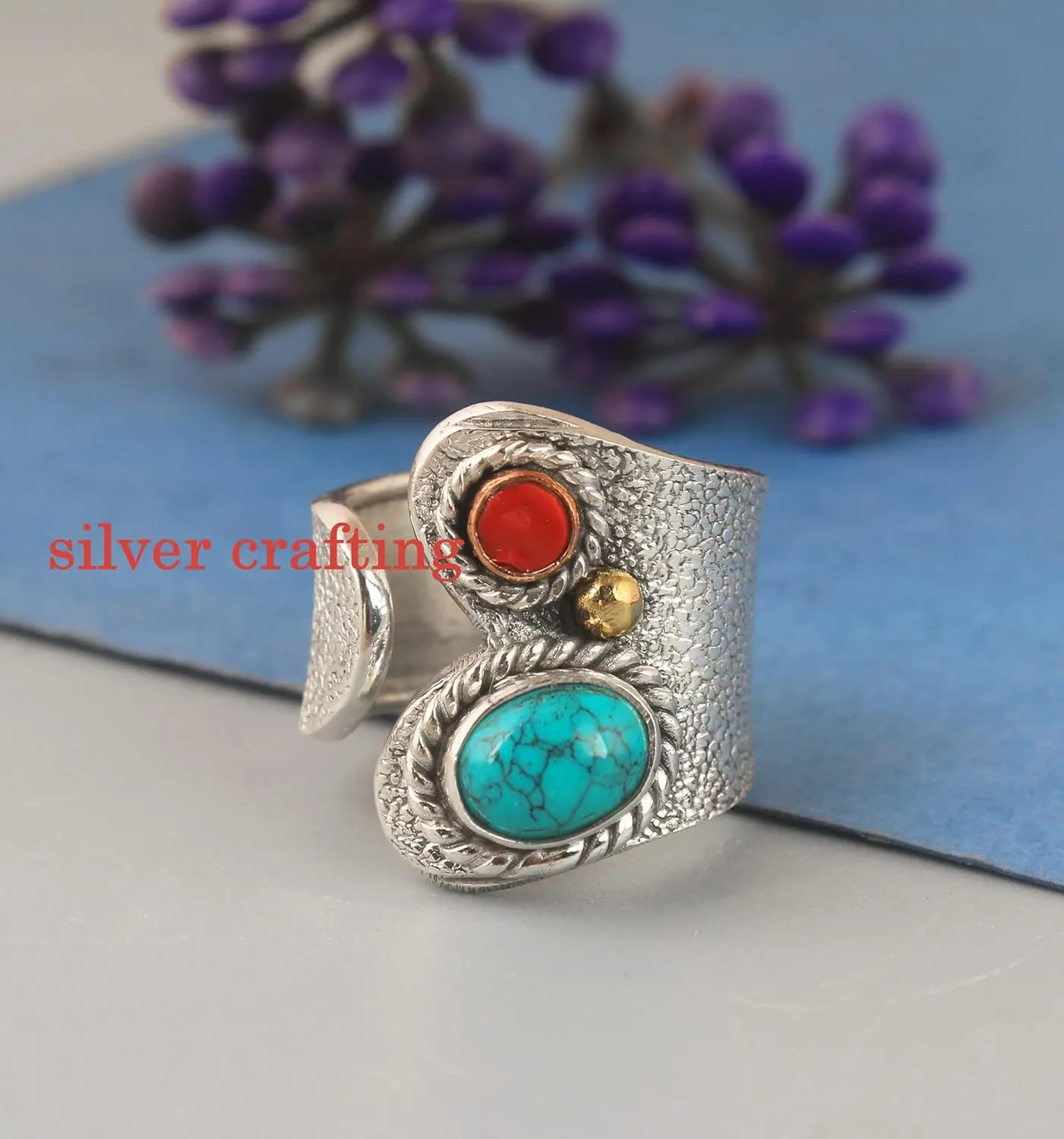Turquoise and Coral Gemstone Ring 925 Sterling Silver Ring Personalized Boho Ring