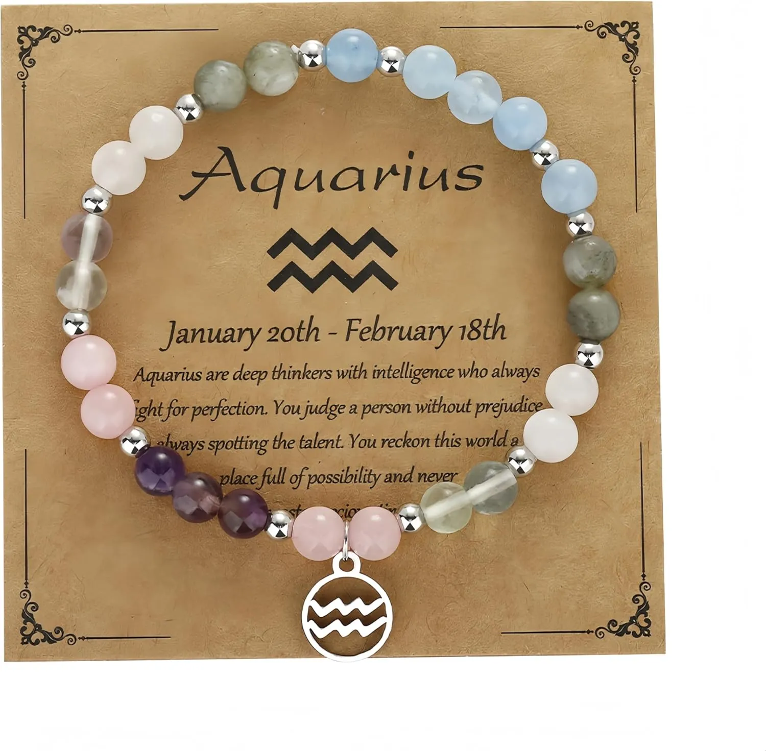 Twelve Aonstellations Bracelets, Mothers Day Gifts, Colored Natural Stone, Stainless Steel Pendant, A Inspirational Gift for Friends, Family and Lover, Aquarius