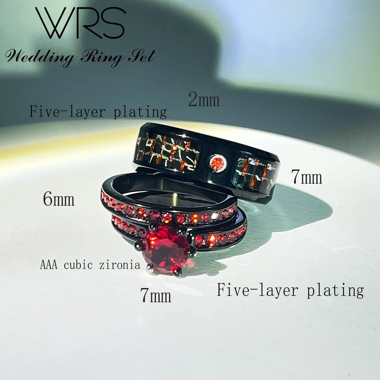 Two Rings His Hers Wedding Ring Sets Couples Matching Rings Women's 2pc Black Gold Filled Red CZ Wedding Engagement Ring Bridal Sets Men's Stainless steel Wedding Band