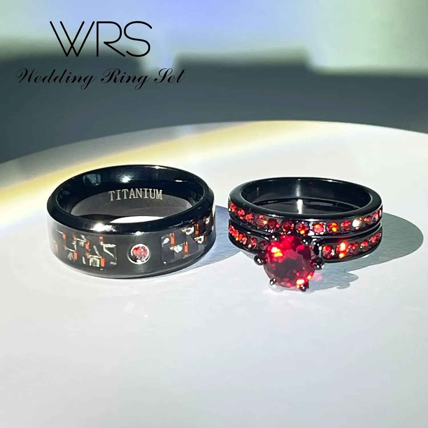 Two Rings His Hers Wedding Ring Sets Couples Matching Rings Women's 2pc Black Gold Filled Red CZ Wedding Engagement Ring Bridal Sets Men's Stainless steel Wedding Band