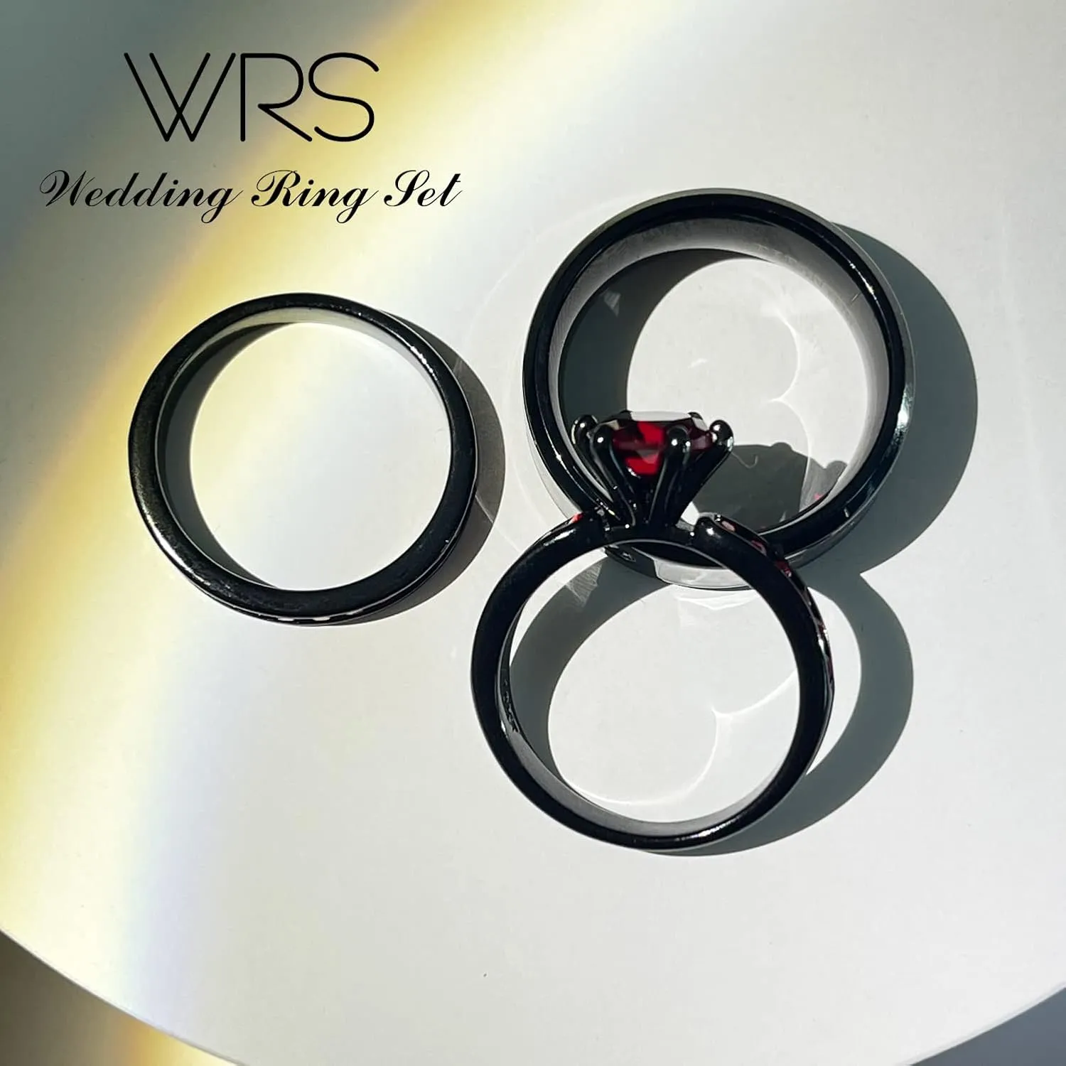 Two Rings His Hers Wedding Ring Sets Couples Matching Rings Women's 2pc Black Gold Filled Red CZ Wedding Engagement Ring Bridal Sets Men's Stainless steel Wedding Band