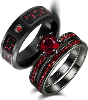 Two Rings His Hers Wedding Ring Sets Couples Matching Rings Women's 2pc Black Gold Filled Red CZ Wedding Engagement Ring Bridal Sets Men's Stainless steel Wedding Band