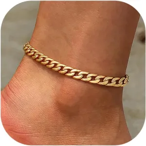 U7 Women Girls Barefoot Jewelry 18K Gold or Rose Gold Stainless Steel Heart/Rope/Figaro/Cuban Chain Anklet Foot Bracelet, 25-30 CM Long