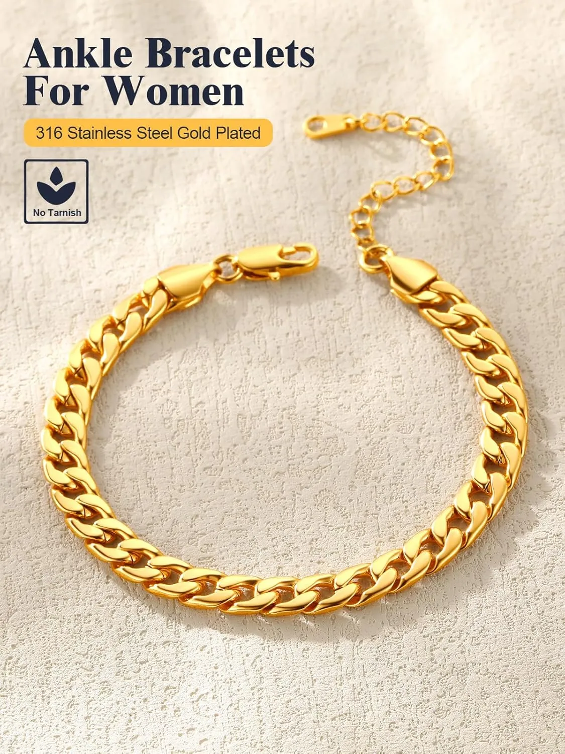 U7 Women Girls Barefoot Jewelry 18K Gold or Rose Gold Stainless Steel Heart/Rope/Figaro/Cuban Chain Anklet Foot Bracelet, 25-30 CM Long