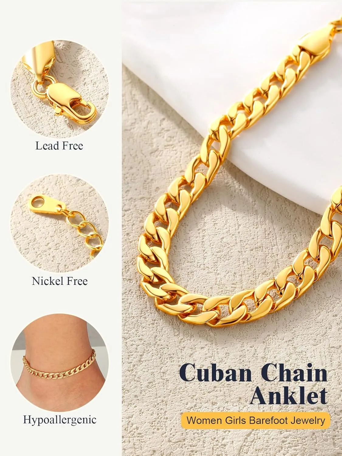 U7 Women Girls Barefoot Jewelry 18K Gold or Rose Gold Stainless Steel Heart/Rope/Figaro/Cuban Chain Anklet Foot Bracelet, 25-30 CM Long