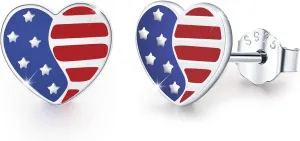 USA American Flag Earrings Patriotic Earrings 4th of July Earrings 925 Sterling Silver Red White Blue Heart Stud Earrings Independence Day Jewelry for Patriot Women Men
