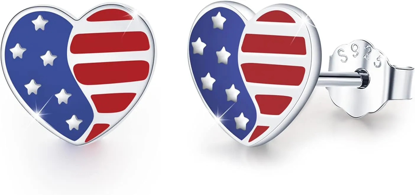 USA American Flag Earrings Patriotic Earrings 4th of July Earrings 925 Sterling Silver Red White Blue Heart Stud Earrings Independence Day Jewelry for Patriot Women Men