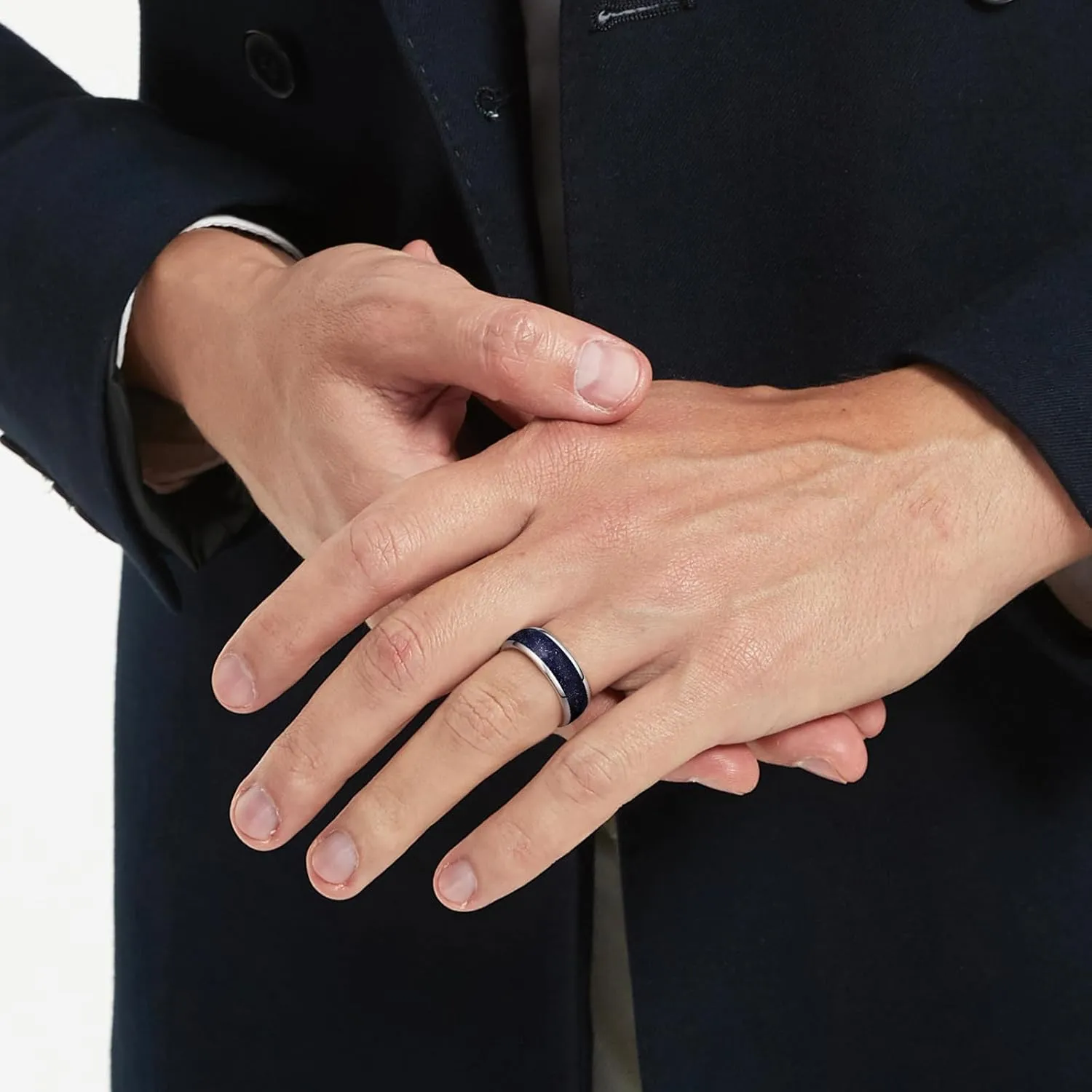 Vakki Tungsten Ring for Men Blue Sandstone Inlay 8mm Silver Plated Tungsten Carbide Wedding Band Polished Domed Comfort Fit Size 7-12