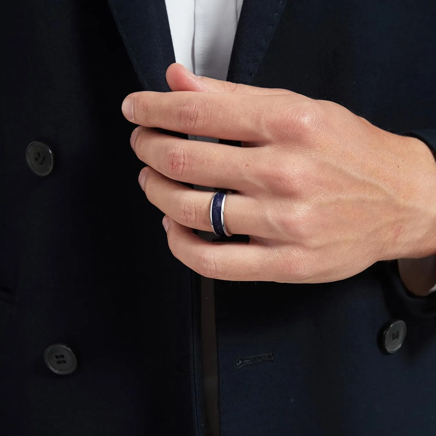 Vakki Tungsten Ring for Men Blue Sandstone Inlay 8mm Silver Plated Tungsten Carbide Wedding Band Polished Domed Comfort Fit Size 7-12
