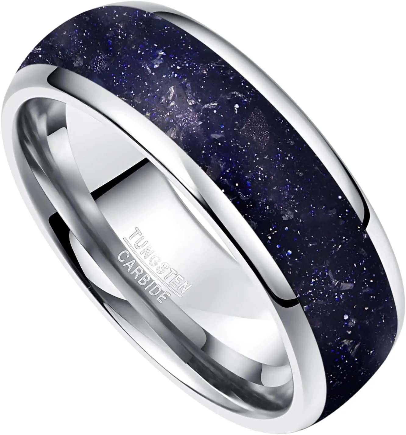 Vakki Tungsten Ring for Men Blue Sandstone Inlay 8mm Silver Plated Tungsten Carbide Wedding Band Polished Domed Comfort Fit Size 7-12