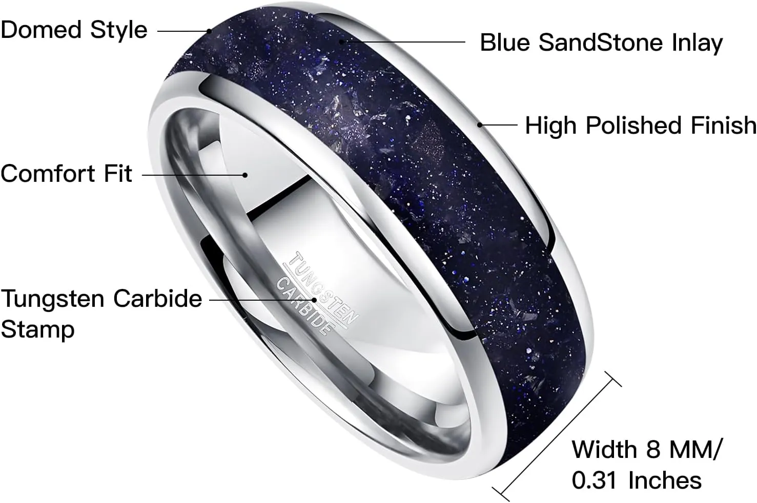 Vakki Tungsten Ring for Men Blue Sandstone Inlay 8mm Silver Plated Tungsten Carbide Wedding Band Polished Domed Comfort Fit Size 7-12