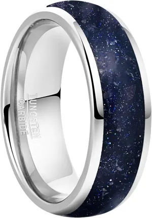Vakki Tungsten Ring for Men Blue Sandstone Inlay 8mm Silver Plated Tungsten Carbide Wedding Band Polished Domed Comfort Fit Size 7-12
