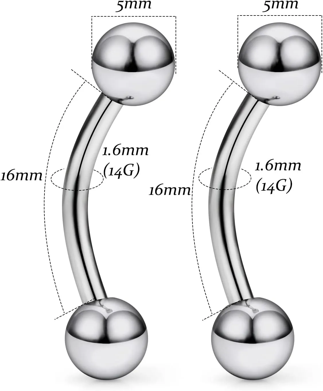 Vsnnsns 14G 16G Eyebrow Piercing Jewelry G23 Titanium Curved Barbell Eyebrow Ring Vertical Labret Lip Jewelry Rook Daith Earrings Piercing Jewelry for Women Men 6mm 8mm 10mm 12mm 14mm 16mm