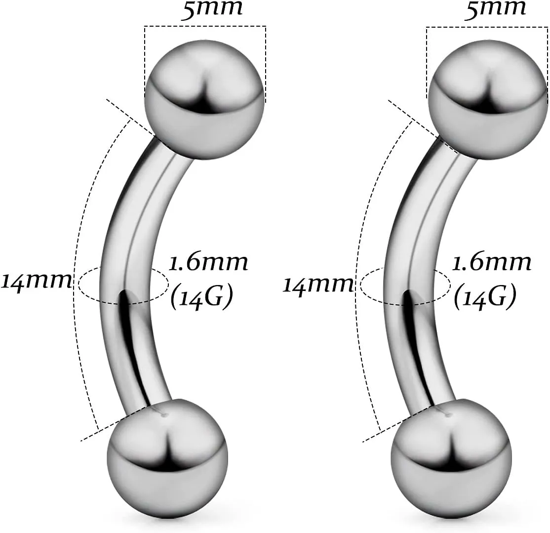 Vsnnsns 14G 16G Eyebrow Piercing Jewelry G23 Titanium Curved Barbell Eyebrow Ring Vertical Labret Lip Jewelry Rook Daith Earrings Piercing Jewelry for Women Men 6mm 8mm 10mm 12mm 14mm 16mm
