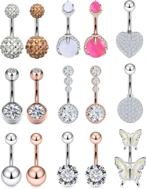Vsnnsns 14G Belly Button Ring Piercing Jewelry 316L Stainless Surgical Steel Heart CZ Pearl Butterfly Flower Navel Rings Dangle Belly Button Ring Navel Piercing Jewelry for Women Men Hypoallergenic