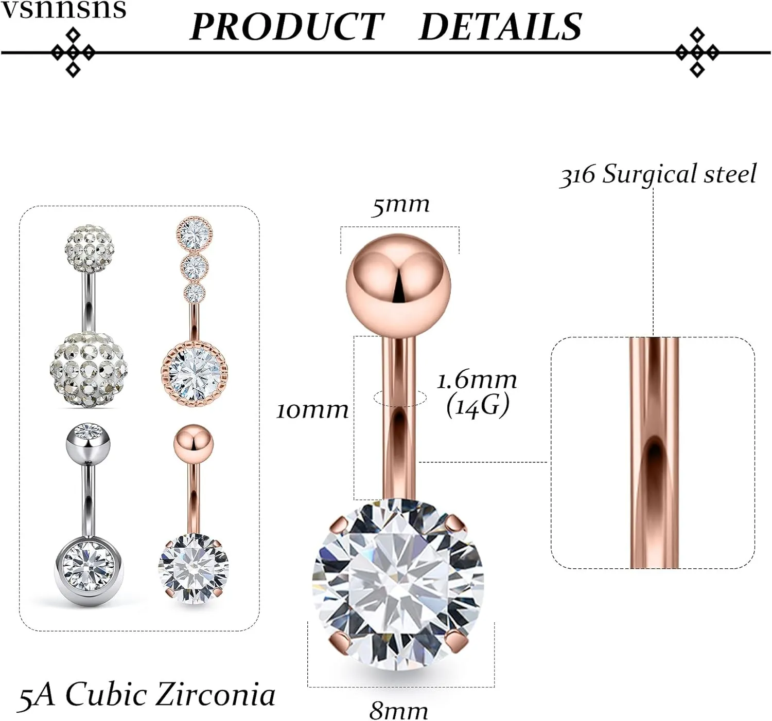 Vsnnsns 14G Belly Button Ring Piercing Jewelry 316L Stainless Surgical Steel Heart CZ Pearl Butterfly Flower Navel Rings Dangle Belly Button Ring Navel Piercing Jewelry for Women Men Hypoallergenic