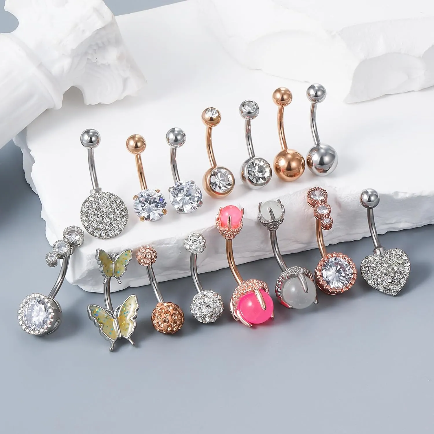 Vsnnsns 14G Belly Button Ring Piercing Jewelry 316L Stainless Surgical Steel Heart CZ Pearl Butterfly Flower Navel Rings Dangle Belly Button Ring Navel Piercing Jewelry for Women Men Hypoallergenic