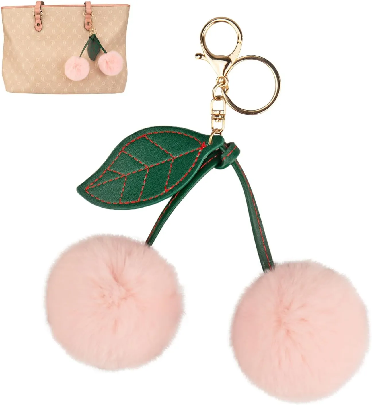 WellerMan Cherry Keychain  Pink Plush Pom Pom Keychain for Women, Cute Bag Charm, Car Key Chain, and Purse Accessory