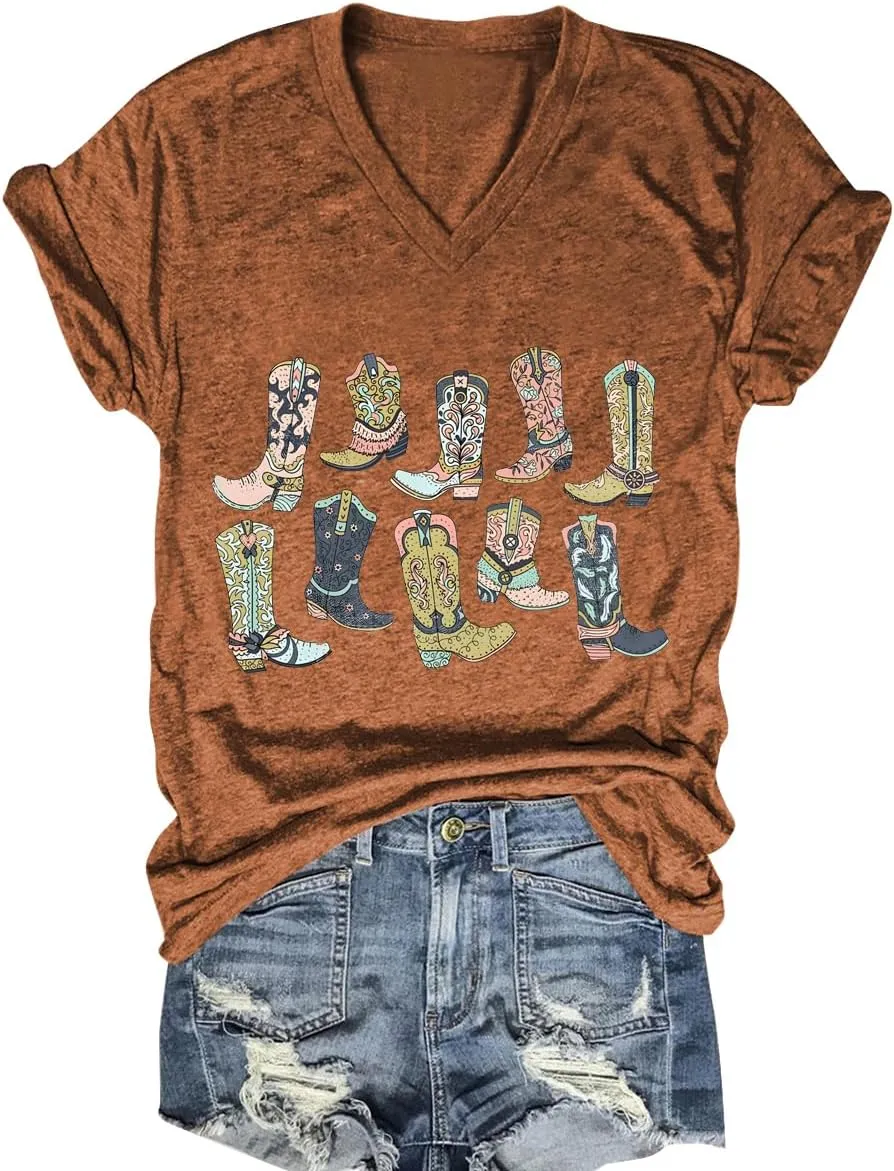 Western Country Shirt for Women Cowgirl Cartoon Boots V Neck Short Sleeve Tops Vintage Cowboy Graphic Tees