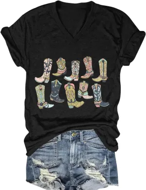 Western Country Shirt for Women Cowgirl Cartoon Boots V Neck Short Sleeve Tops Vintage Cowboy Graphic Tees
