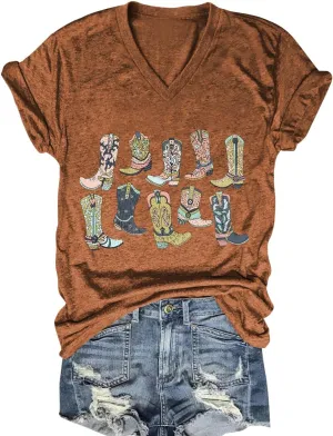 Western Country Shirt for Women Cowgirl Cartoon Boots V Neck Short Sleeve Tops Vintage Cowboy Graphic Tees