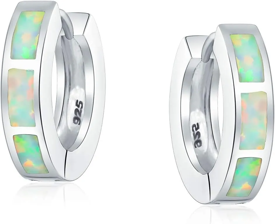 White and Blue Created Opal Inlay Iridescent Huggie Hoop Earrings For Women Teen Rose Gold Plated .925 Sterling Silver October Birthstone