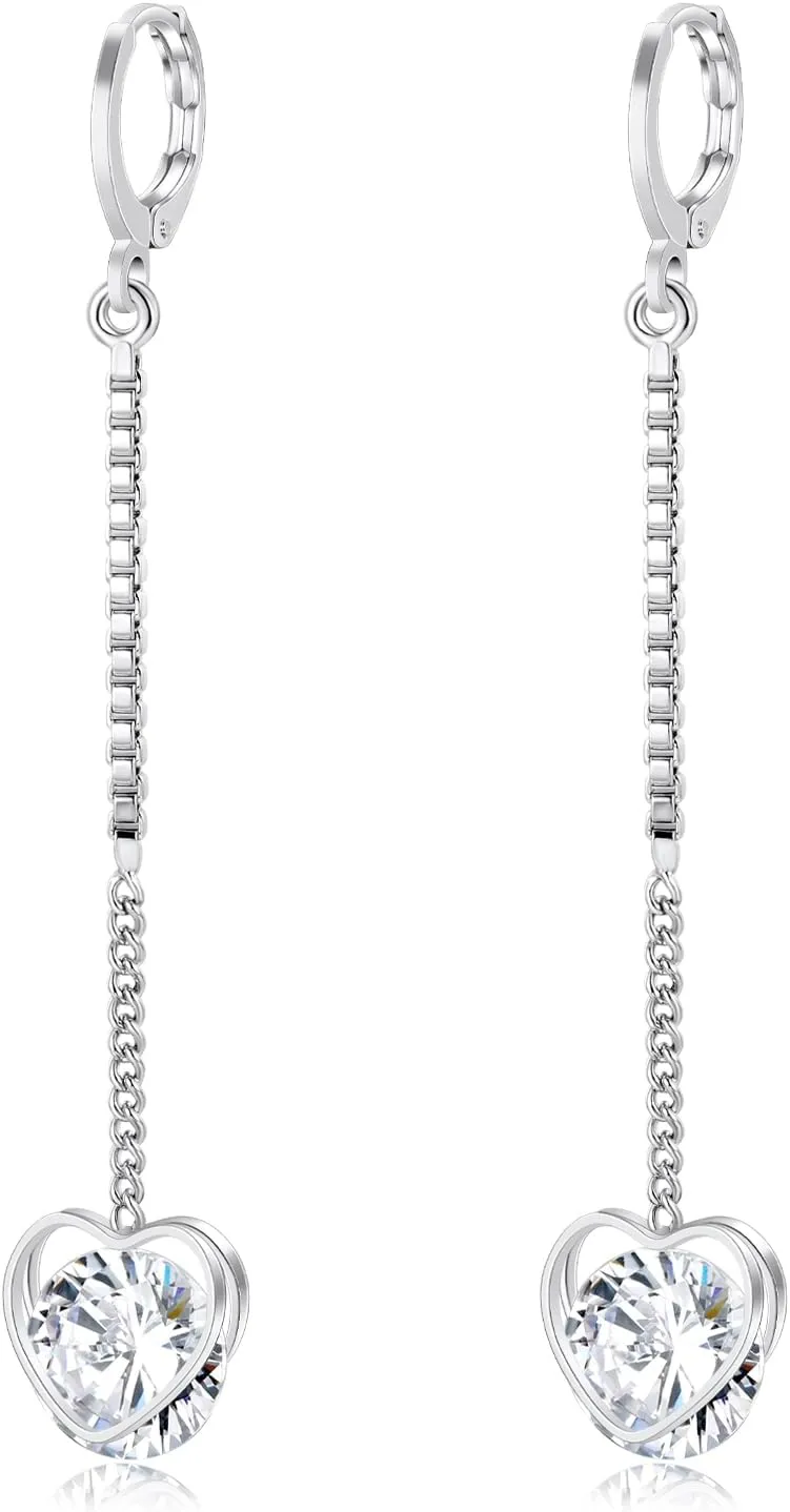 White Gold Hoop Dangle Drop Earrings for Women Cubic Zirconia Chain Tassel Earrings Heart Star Ball Small Huggie Hoop Earrings Jewelry Gift