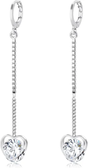 White Gold Hoop Dangle Drop Earrings for Women Cubic Zirconia Chain Tassel Earrings Heart Star Ball Small Huggie Hoop Earrings Jewelry Gift