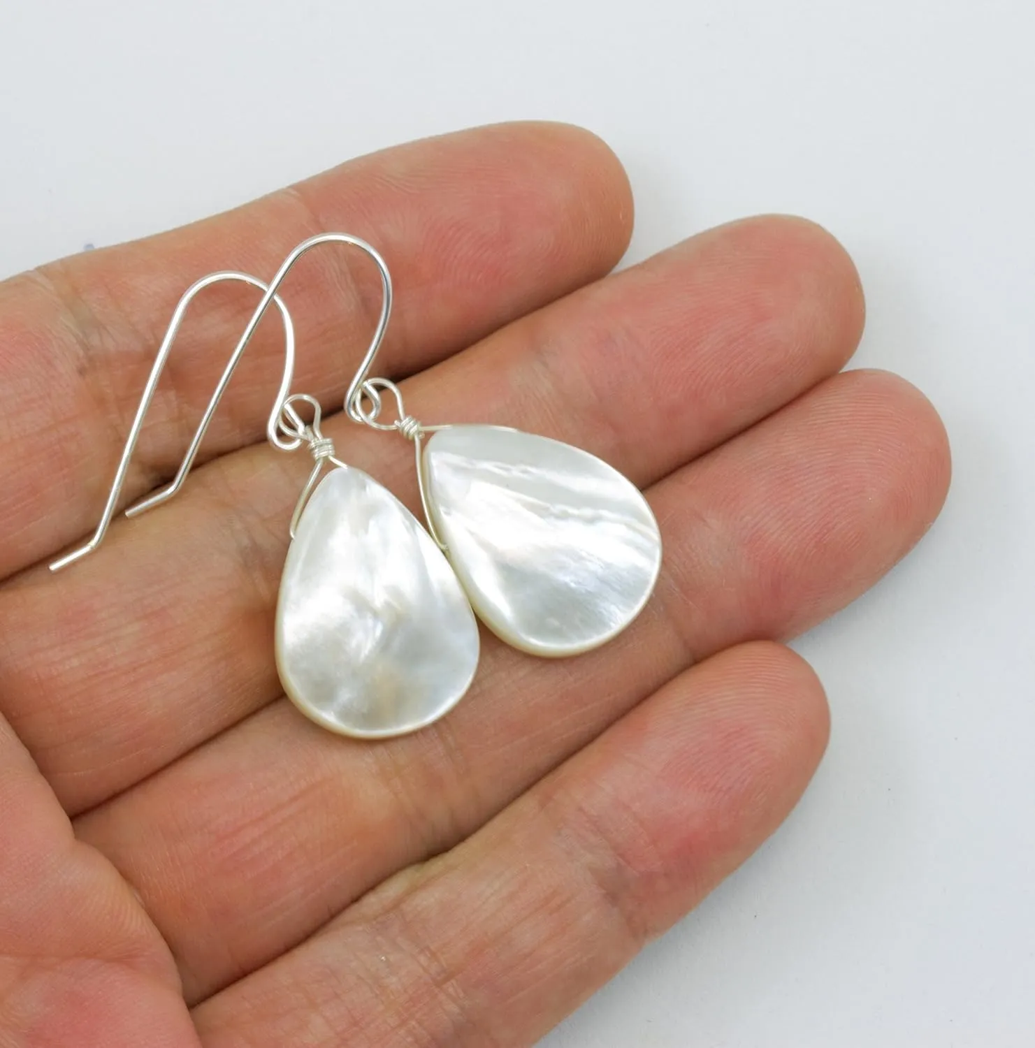 White Mother of Pearl Earrings Large Simple Smooth Teardrop MOP Drops