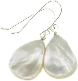 White Mother of Pearl Earrings Large Simple Smooth Teardrop MOP Drops
