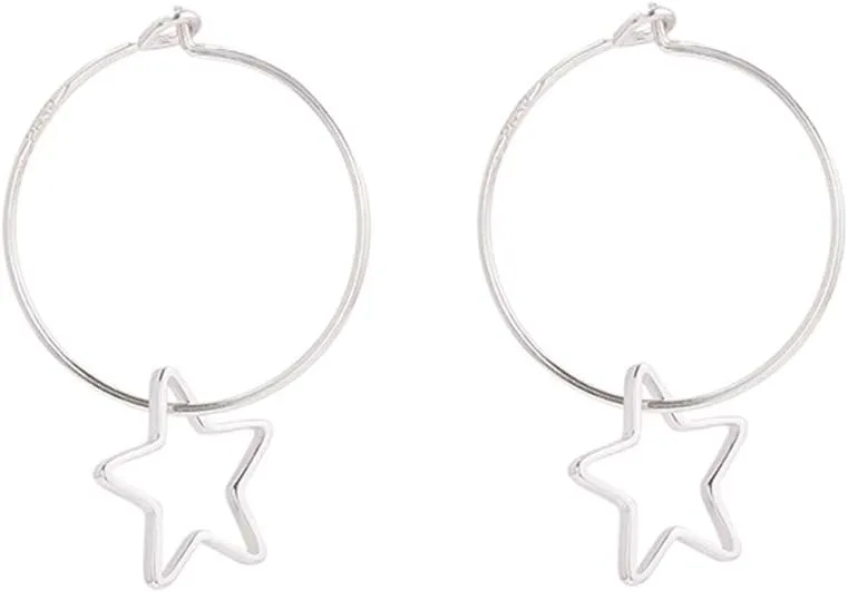 Wire Hoop Star Lucky Dangle Drop Earrings S925 Sterling Silver for Women Sensitive Ear Minimalist Dangling Hypoallergenic Lightweight Geometric Hoops 20mm Gifts for Birthday Daughter Bff