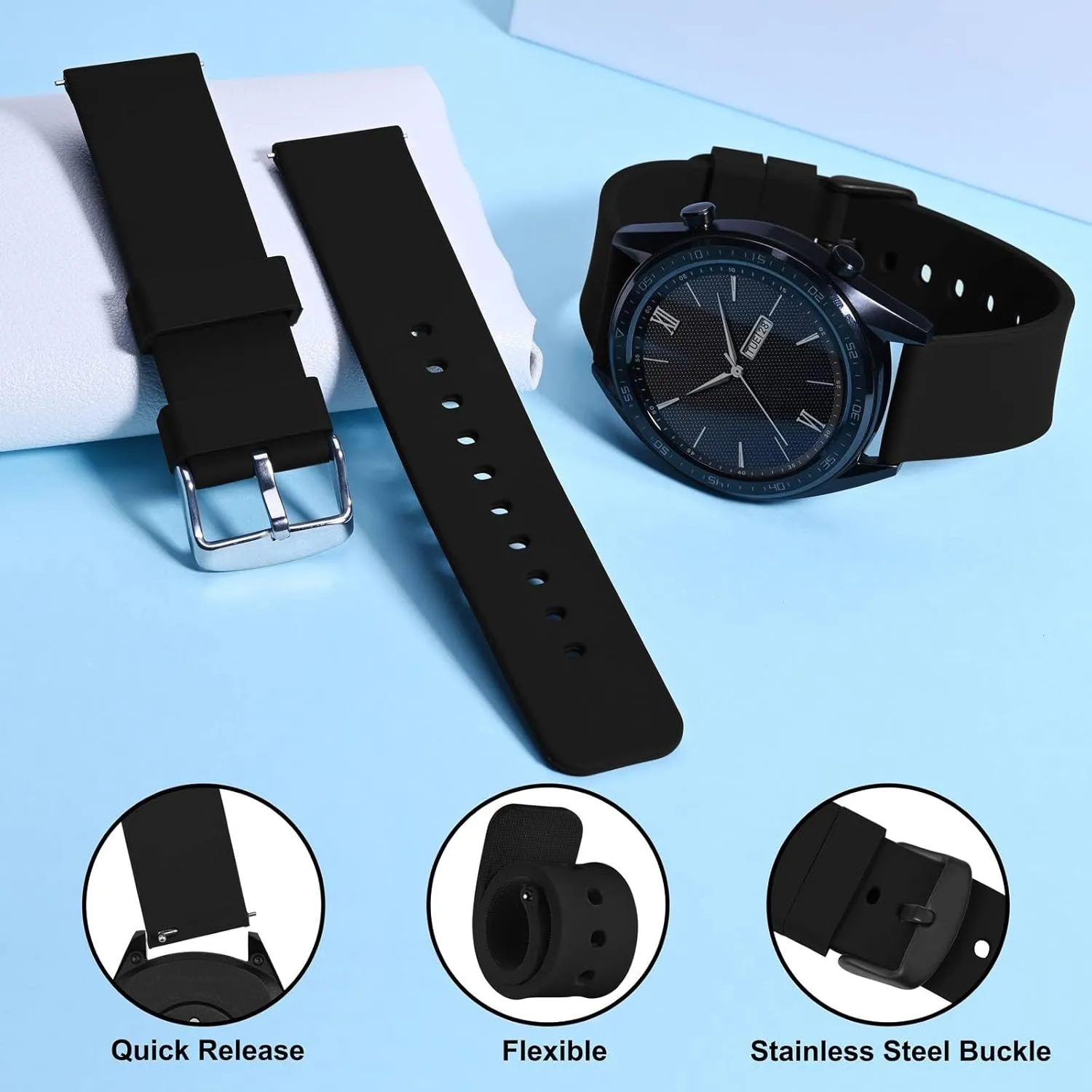 WOCCI 15mm Silicone Watch Band, Quick Release Rubber Replacement Strap with Black Stainless Steel Buckle (Black)
