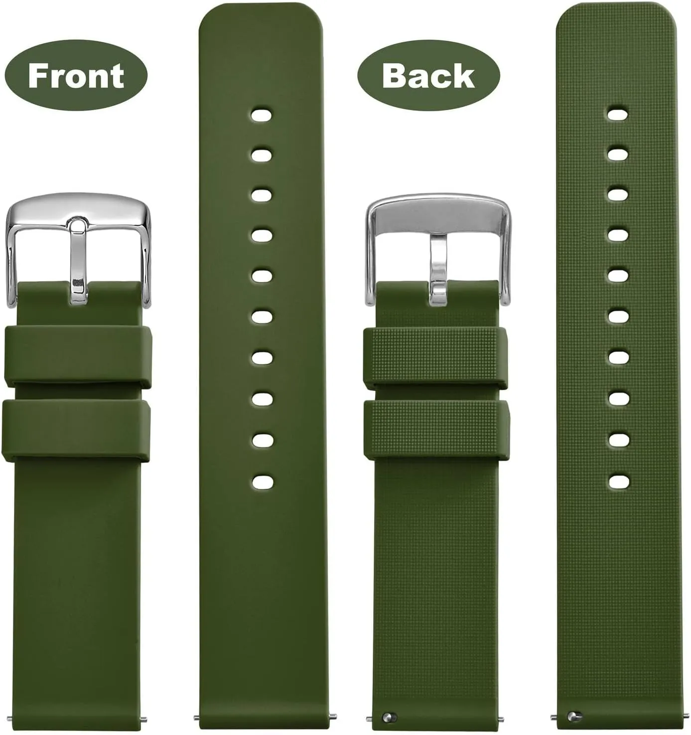 WOCCI 20mm Silicone Watch Band, Quick Release Rubber Replacement Strap with Silver Stainless Steel Buckle (Military Green)