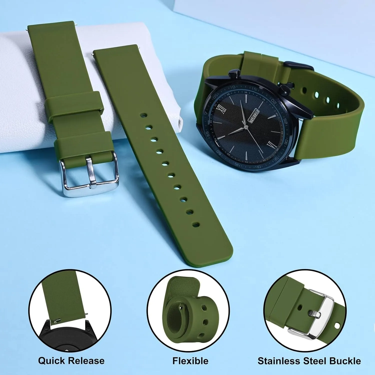 WOCCI 20mm Silicone Watch Band, Quick Release Rubber Replacement Strap with Silver Stainless Steel Buckle (Military Green)