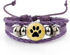 Womens Boy Dog Paws Print Glass Cabochon Bracelet Multicolor Pet Dog Footprint Leather Bracelets Jewelry Best Gift, Leather