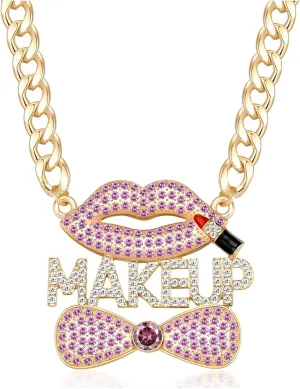 Women's Gold Crystal MAKEUP Lips Pendant Necklace Hip Hop Chunky Choker Chain Rhinestone Bow Costume Party Jewelry