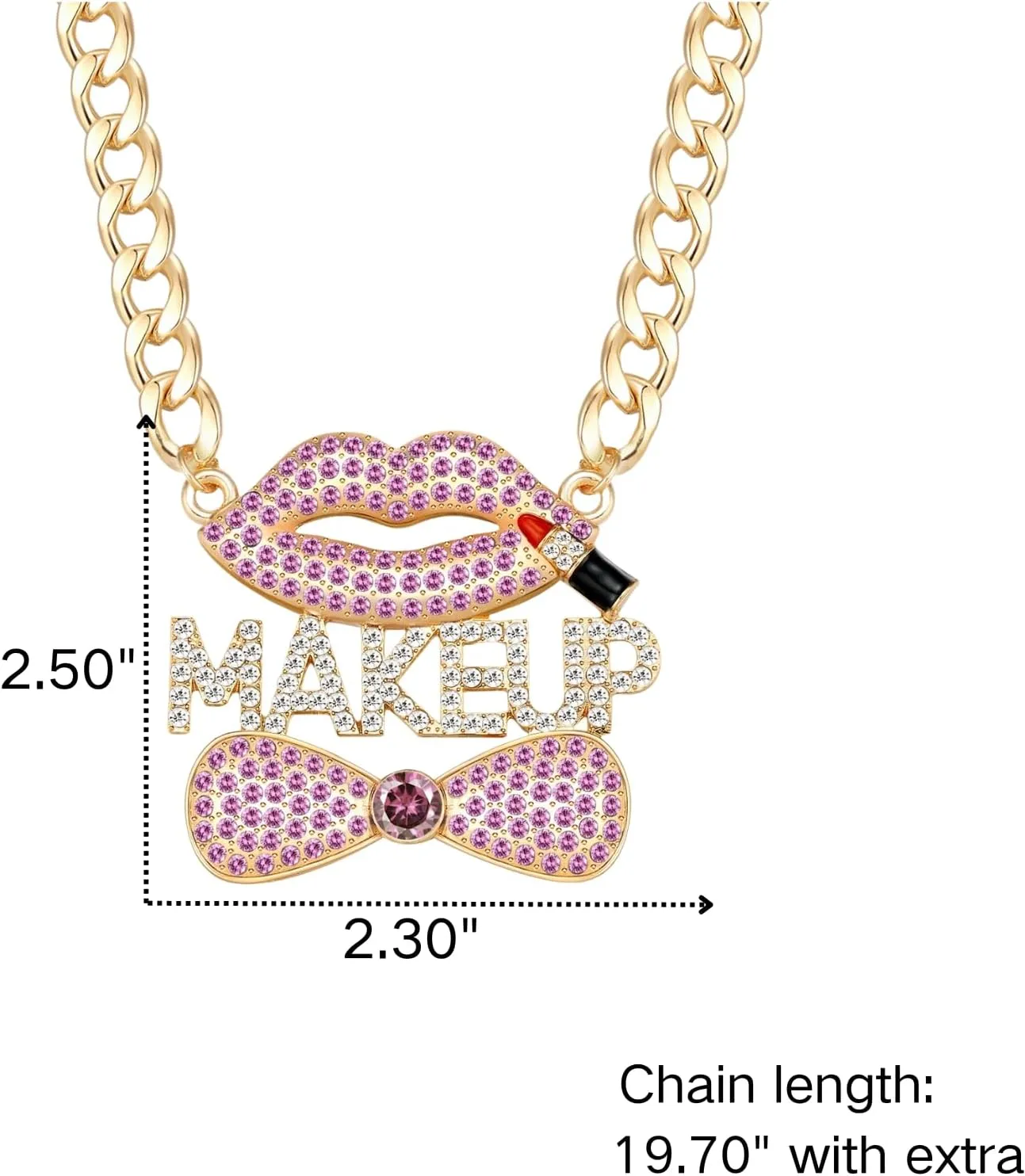 Women's Gold Crystal MAKEUP Lips Pendant Necklace Hip Hop Chunky Choker Chain Rhinestone Bow Costume Party Jewelry