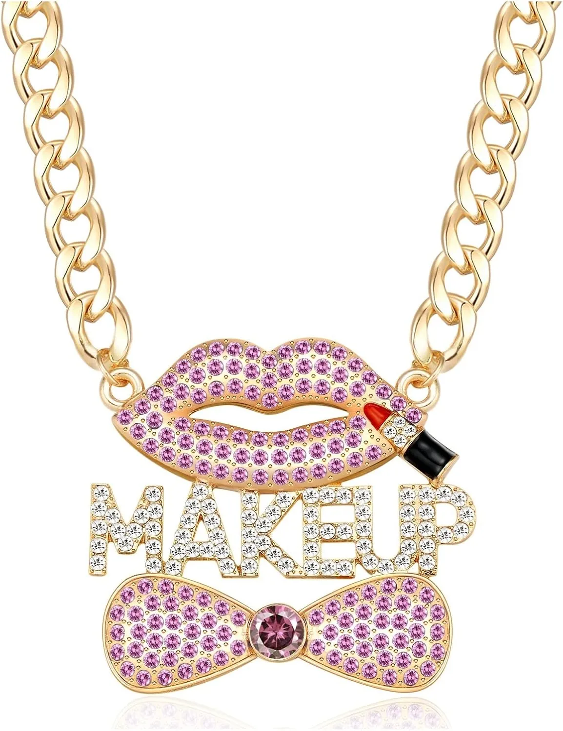 Women's Gold Crystal MAKEUP Lips Pendant Necklace Hip Hop Chunky Choker Chain Rhinestone Bow Costume Party Jewelry