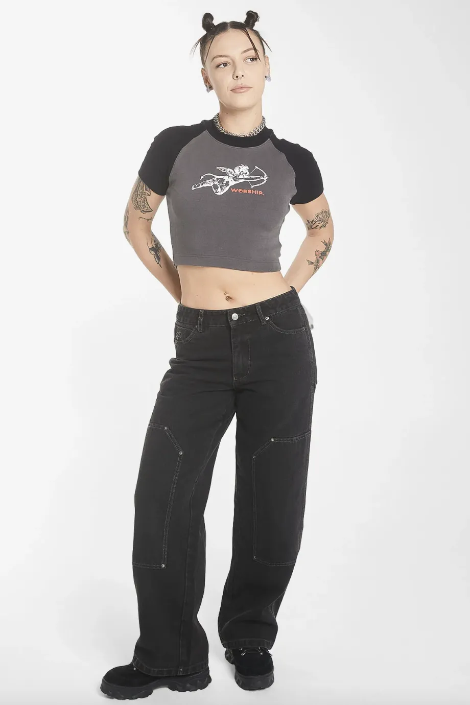WORSHIP SUPPLIES CHERUB RAGLAN MICRO TEE - WORN BLACK