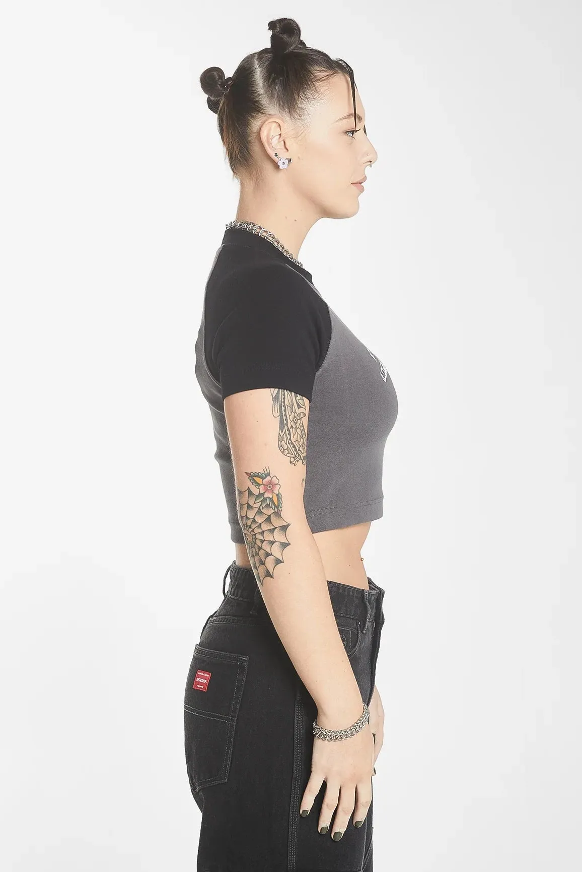 WORSHIP SUPPLIES CHERUB RAGLAN MICRO TEE - WORN BLACK