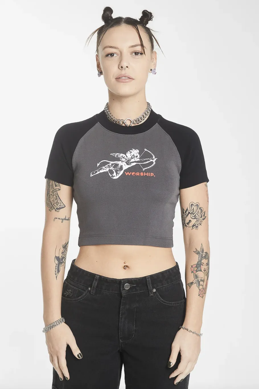 WORSHIP SUPPLIES CHERUB RAGLAN MICRO TEE - WORN BLACK