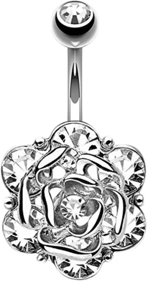 Wycian Navel Rings, Stainless Steel Belly Piercing Jewelry Belly Button Rings for Women Rose Flower with White Cubic Zirconia Belly Ring Silver